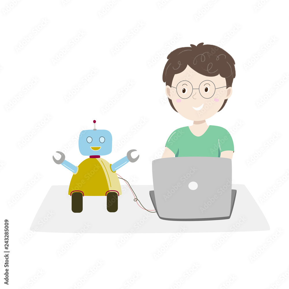 Little boy sitting at his desk and coding with her computer making and programming cute robot. Vector illustration. Little boy sitting at his desk and coding with her computer making and programming cute robot. Vector illustration.