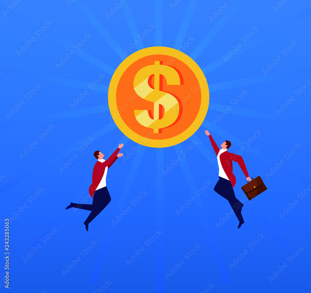 Two businessmen jumped up to fight for gold coins Two businessmen jumped up to fight for gold coins