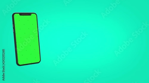 Close-up view of modern smartphone with green screen and markers on solid background, blank screen mockup with compositing masks