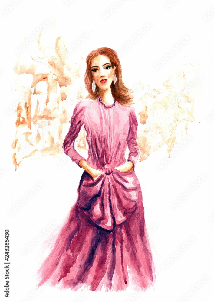Tender watercolor fashion illustration in pink tones of a girl in old-fashioned dress