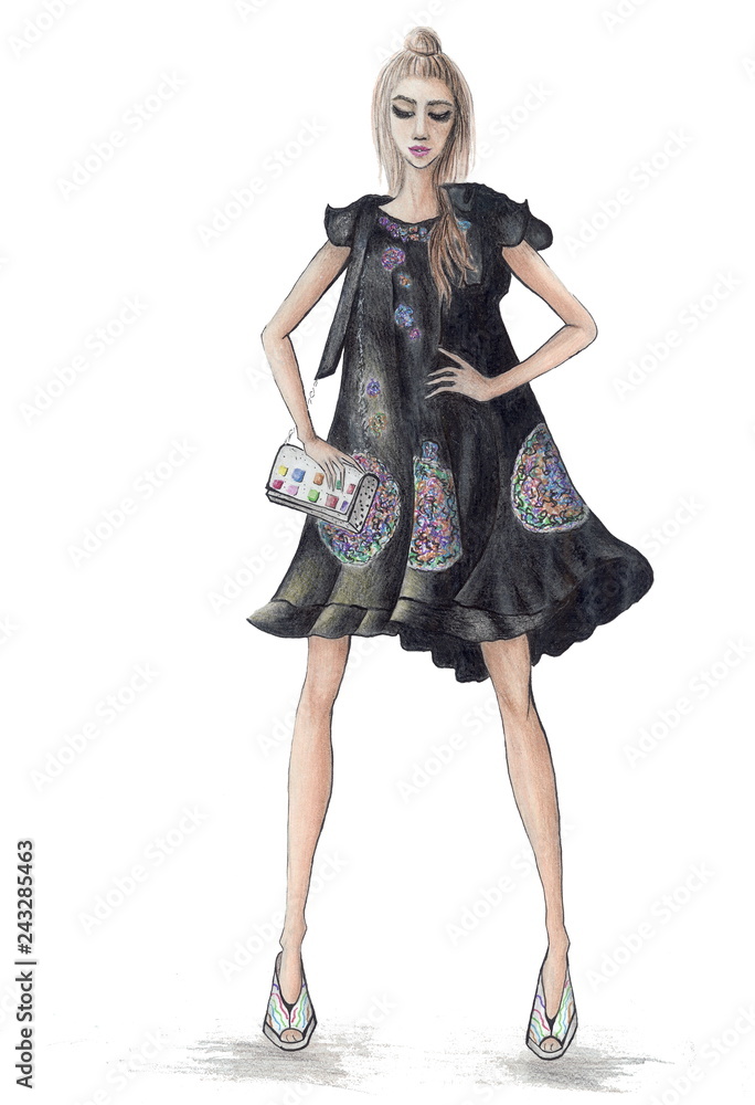 Illustration of a girl with a small bag Illustration of a girl with a small bag