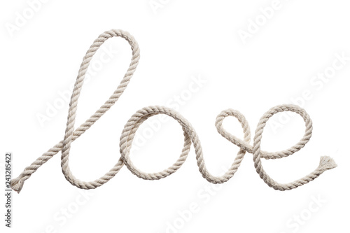 Word "love" written with rope, isolated on white background