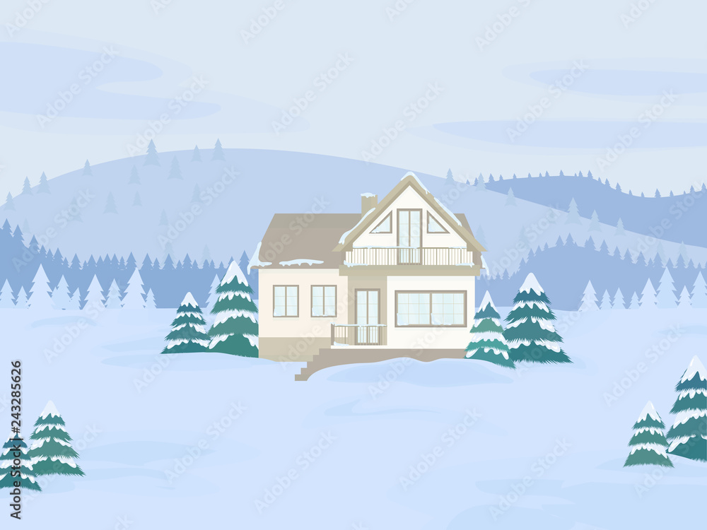 Vector illustration of suburban family house with mansard and firs against the winter landscape background.