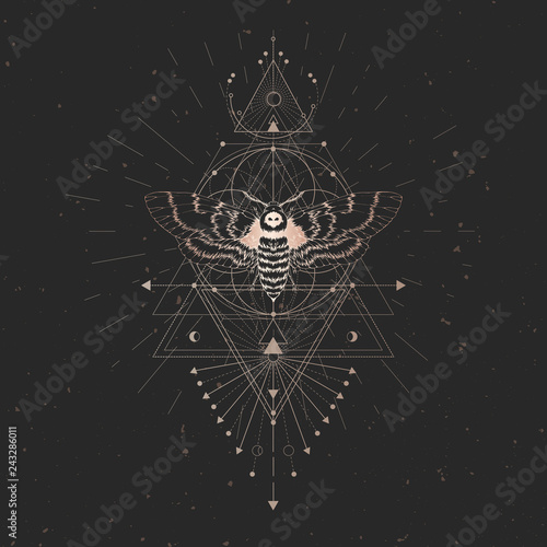 Vector illustration with hand drawn dead head moth and Sacred geometric symbol on black vintage background. Abstract mystic sign.