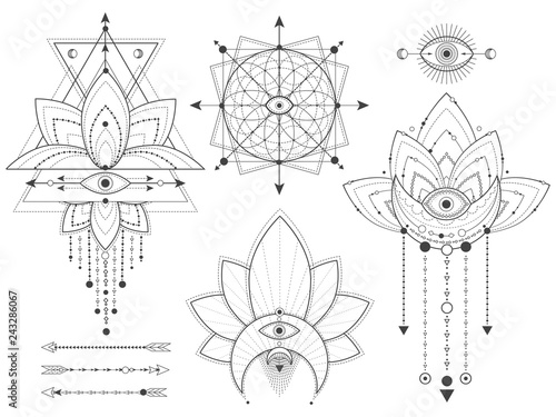 Vector set of Sacred geometric and natural symbols on white background. Abstract mystic signs collection. Black linear shapes. For you design or modern magic craft.