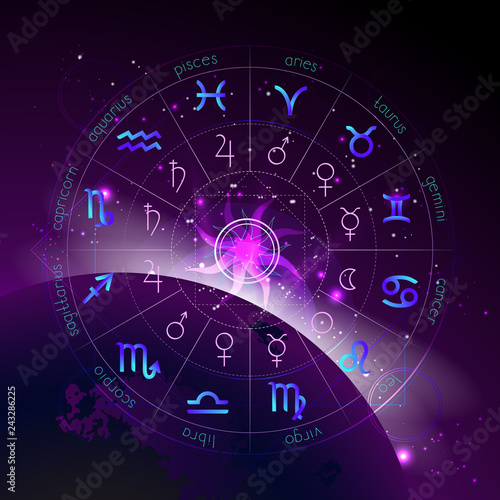 Vector illustration of Horoscope circle, Zodiac signs and pictograms astrology planets against the space background.