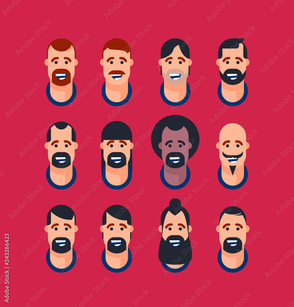 Vector image of a set of men's faces, with different hairstyles and beard Vector image of a set of men's faces, with different hairstyles and beard