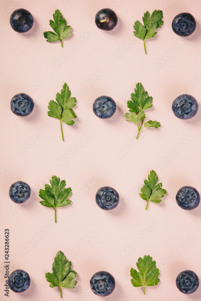Pattern of blueberry and parsley leaves on pink background