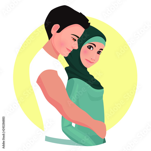 The man is hugging woman wearing hijab.