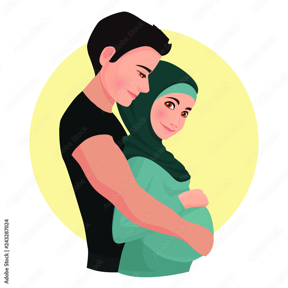The man is hugging woman wearing hijab.