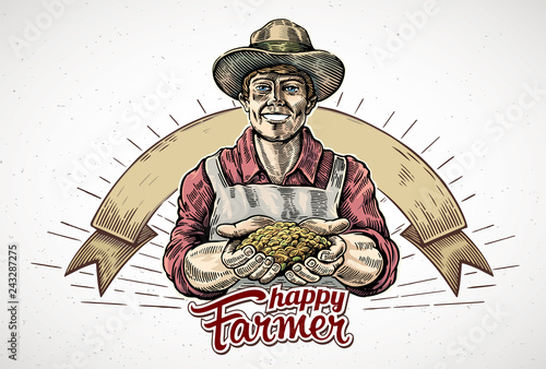 Happy farmer holding a handful of grain in his hands. Vector illustration in engraving style.