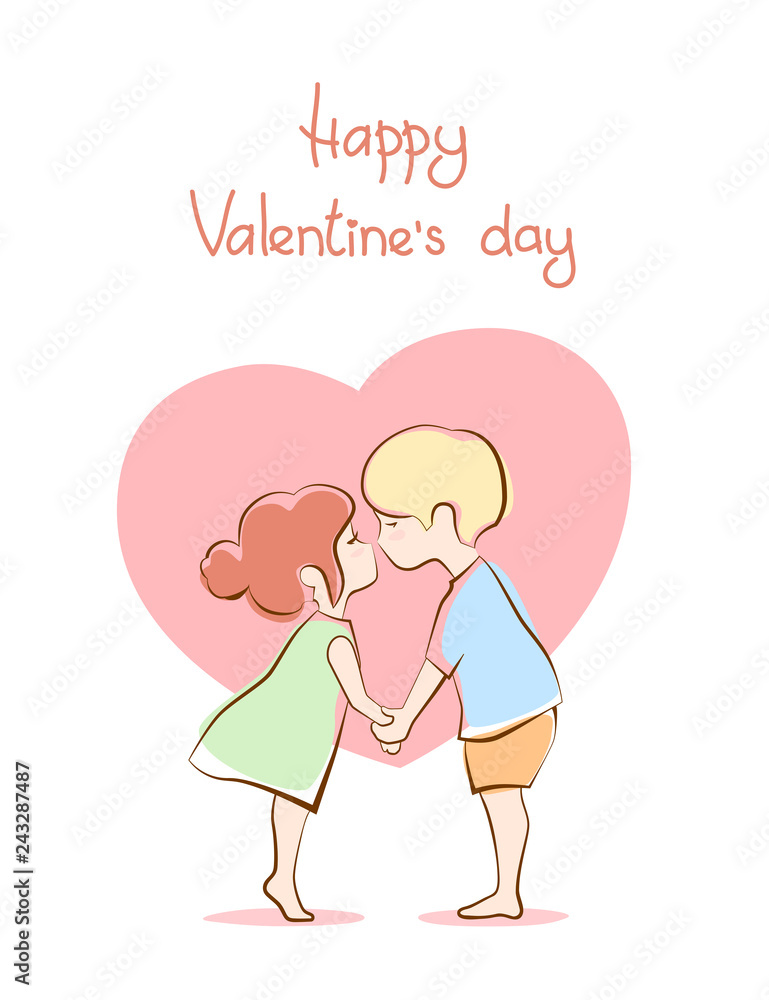 Kissing girl and boy against heart. Cute cartoon happy valentine's day sign  Stock Vector | Adobe Stock