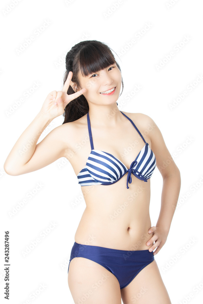Fototapeta premium Beautiful Chinese woman wearing a sexy bikini on white background