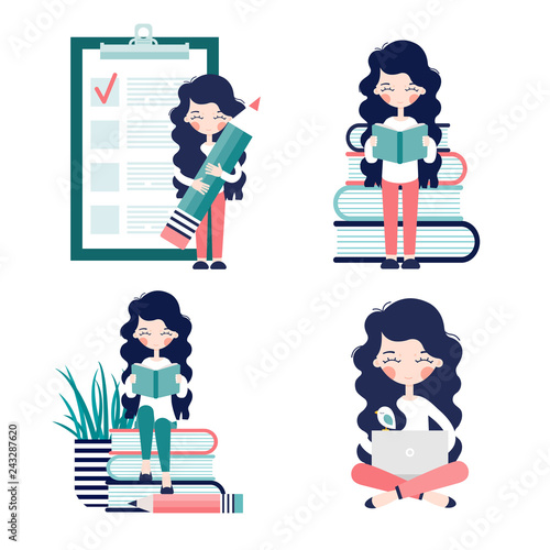 A set of girls with stile flat. The girl is reading. Girl working on a laptop. The girl holds a pencil for the mark on the check sheet. Vector