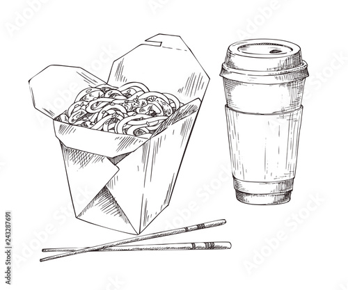 Noodle Box and Drink Cup to Takeaway Icon Set