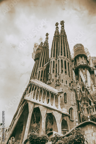 BARCELONA, SPAIN - MAY 12, 2018: Cathedral of La Sagrada Familia on a cloudy day. It is designed by architect Antonio Gaudi and is being build since 1882