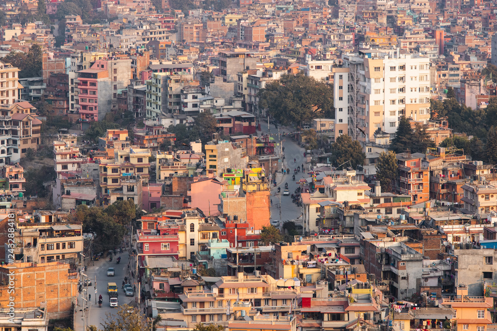Aerial view of a street between dense layer of buildings at Kathmandu, Nepal.