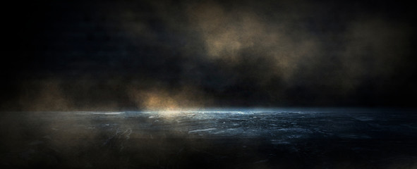 Background of an empty room with smoke and neon light. Dark abstract background