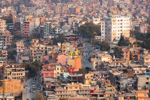 Aerial view of a street between dense layer of buildings at Kathmandu, Nepal.