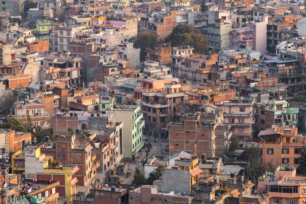 Aerial close up view of dense Kathmandu city, Nepal.