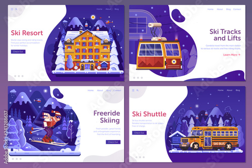 Winter ski resort web landing page templates in gradient flat design. Winter holidays in mountains UI banners with shuttle service, snowy hotel, ski lift gondola and downhill ski man on skiing slope.