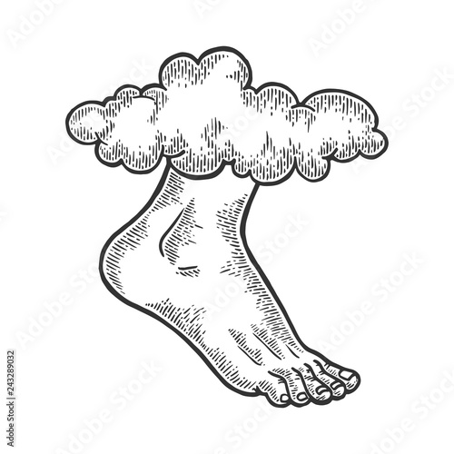 Foot of God from sky cloud engraving vector illustration. Scratch board style imitation. Black and white hand drawn image.