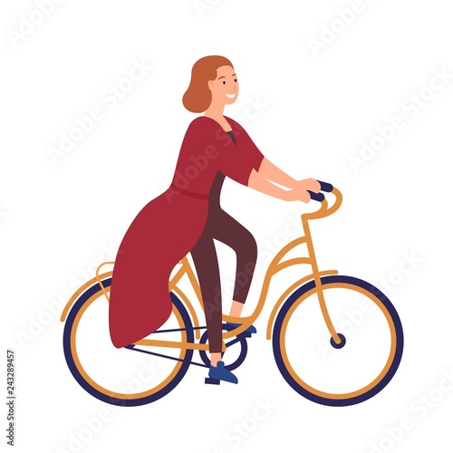Happy young woman or girl dressed in casual clothes riding bike. Smiling fema...