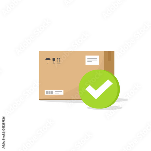 Parcel box with checkmark sign vector icon, flat cartoon parcel with tick, concept of approved or accepted delivery package, shipped or confirmed service