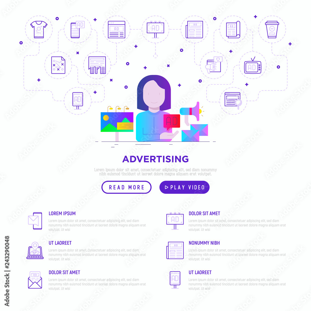 Naklejka Advertising web page template: woman gives ad on billboard, email and social media. Flat gradient icons. Vector illustration.