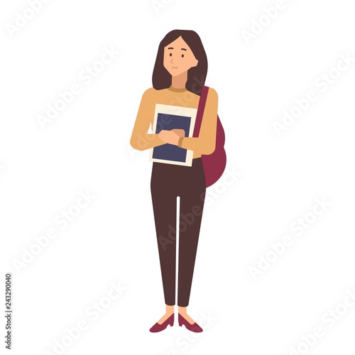 Young teenage school girl dressed in casual clothes holding textbooks. Portrait of pupil, university or college student isolated on white background. Colorful vector illustration in flat style.