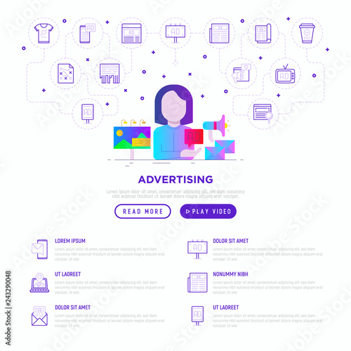 Advertising web page template: woman gives ad on billboard, email and social media. Flat gradient icons. Vector illustration.