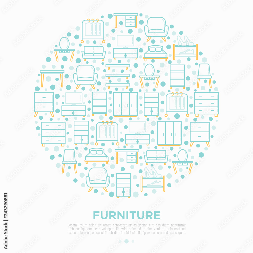Furniture concept in circle with thin line icons: dressing table, sofa, armchair, wardrobe, chair, table, bookcase, clothes rack, desk, wall shelves. Elements of interior. Vector illustration.