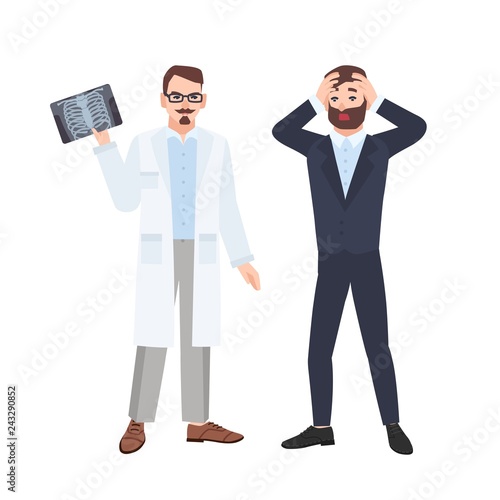 Grumpy male physician or radiologist demonstrating X-ray of rib cage to scared patient and informing him about his diagnosis. Medical consultation and diagnostics. Flat cartoon vector illustration.