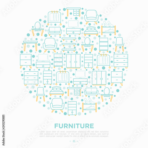 Furniture concept in circle with thin line icons: dressing table, sofa, armchair, wardrobe, chair, table, bookcase, clothes rack, desk, wall shelves. Elements of interior. Vector illustration.