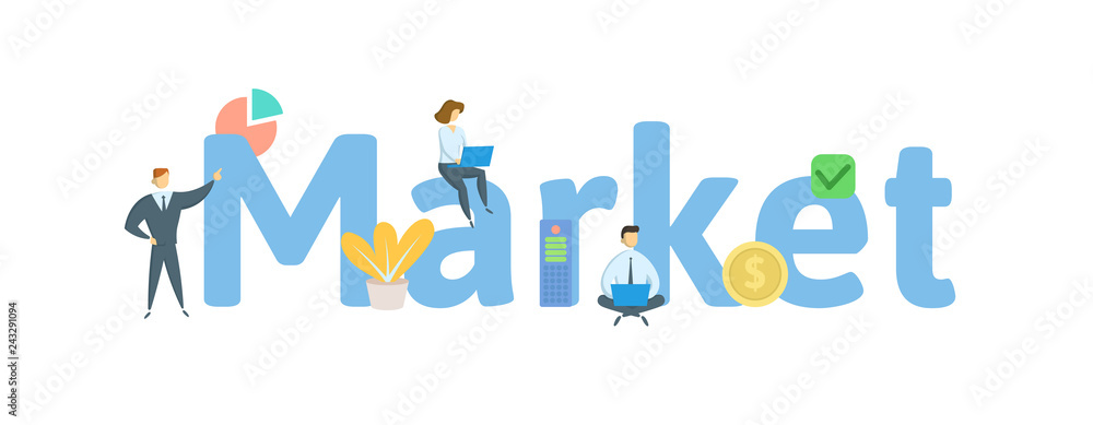 Market word concept banner. Concept with people, letters, and icons. Colored flat vector illustration. Isolated on white background. Market word concept banner. Concept with people, letters, and icons. Colored flat vector illustration. Isolated on white background.