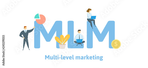 MLM, Multi Level Marketing. Concept with keywords, letters, and icons. Colored flat vector illustration. Isolated on white background.