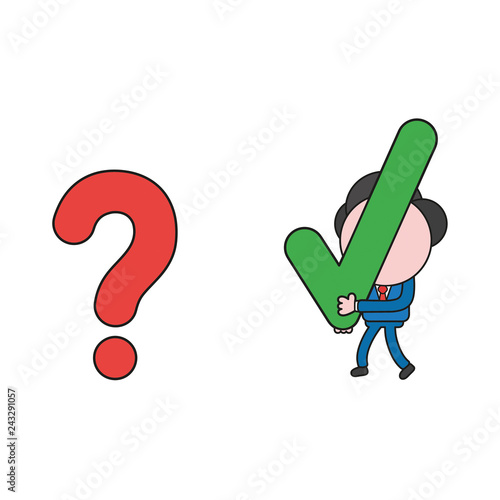 Vector illustration of businessman character carrying check mark to question mark. Color and black outlines.