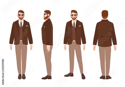 Cute bearded man or clerk dressed in elegant smart suit. Happy male cartoon c...