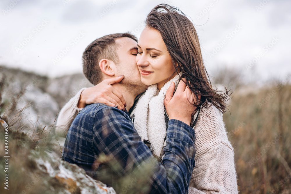 Romantic happy couple enjoy spending time together outdoor.