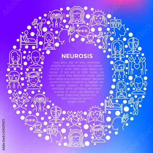 Neurosis concept in circle with thin line icon: panic attack, headache, fatigue, insomnia, despair, phobia, mood instability, stuttering, psychalgia. Vector illustration, print media template.