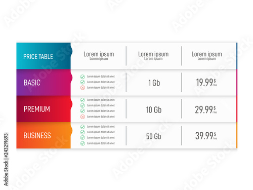 Price table for websites and applications. Vector illustration