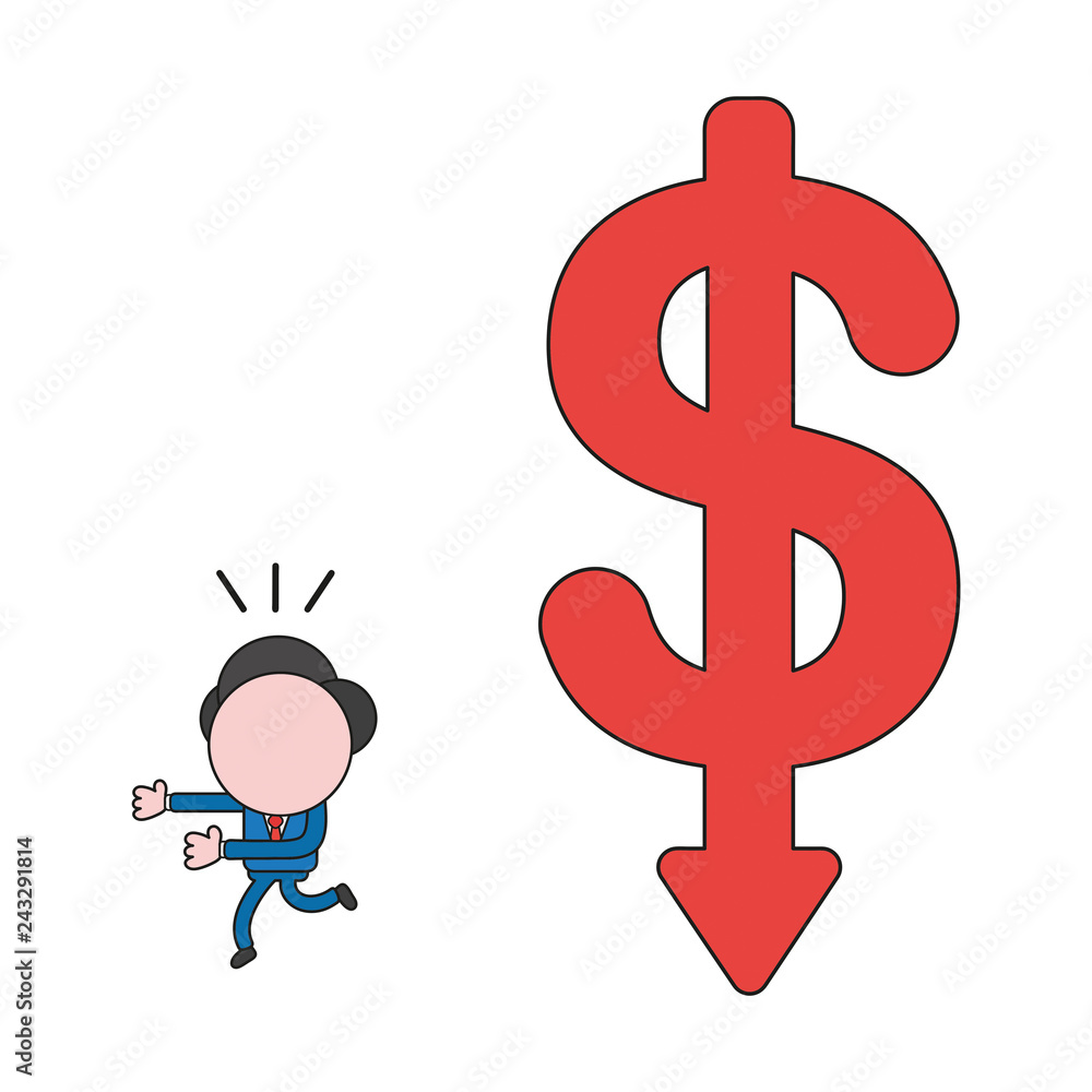 Vector illustration of businessman character running away from big dollar symbol arrow moving down. Color and black outlines. Vector illustration of businessman character running away from big dollar symbol arrow moving down. Color and black outlines.