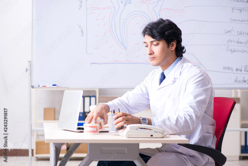 Young handsome dentist in front of the whiteboard Young handsome dentist in front of the whiteboard