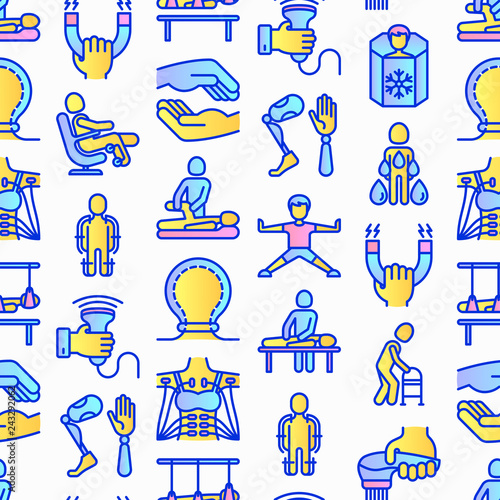 Rehabilitation for disabled seamless pattern  with thin line icons: magnetic therapy, laser, massage, lymphatic drainage, exoskeleton, cryotherapy, biomechatronics. Vector illustration.