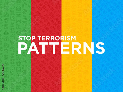 Four different Stop terrorism seamless patterns with thin line icons: terrorist, civil disorder, national army, hostage, bombs, cyber attacks, suicide. Modern vector illustration.