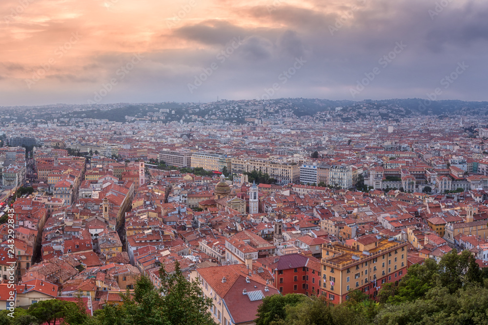 Panoramic aerial view of Nice, amazing aerial cityscape, view at sunset from popular viewpoint on the Castle Hill, French Riviera, Cote d’Azur, France