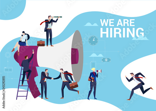 Concept Flat illustration. Work team. Megaphone with We Are Hiring words.