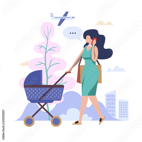 Concept Flat illustration. Young woman walking with a baby carriage and talk on smartphone.