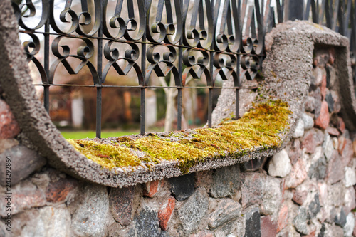 stone fence with wrought-iron fence and moss
