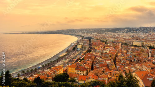 Panoramic aerial view of Nice, amazing aerial cityscape, view at sunset from popular viewpoint on the Castle Hill, French Riviera, Cote d’Azur, France
